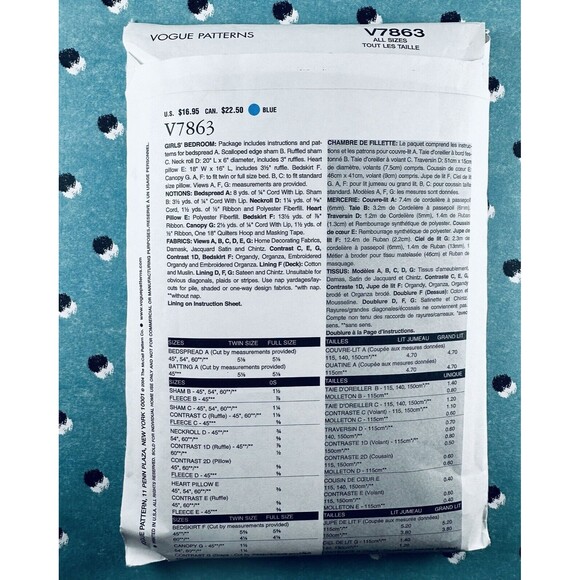 Vogue 7863 Girls' Bedroom Decor, Bedspread, Canopy, Shams, Bed Skirt Pattern - Picture 2 of 2